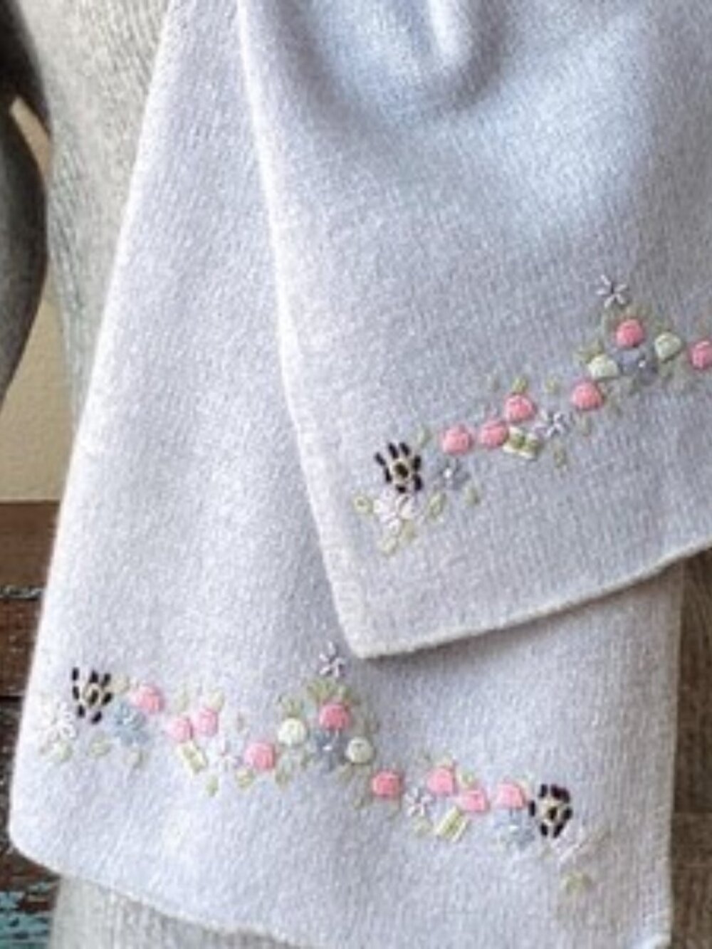 Vintage Powder Blue Hand Embroidered Flowers Lambswool Blend Scarf Cottage Core